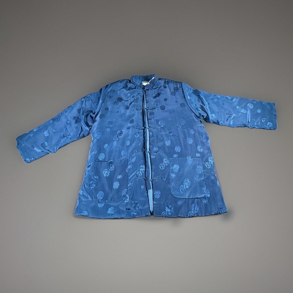 Vintage 90s Cowboy China Jacket Womens XL Blue Mandarin Frog Closure Quilted NYE